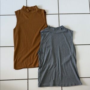 Sleeveless Ribbed Mock Neck Tops - Brown, Gray and White